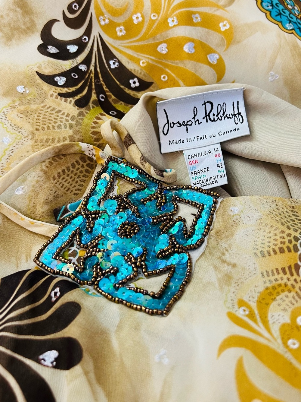 Joseph Ribkoff Yellow Dress with Turquoise & Brown Floral Print - Picture 4 of 6